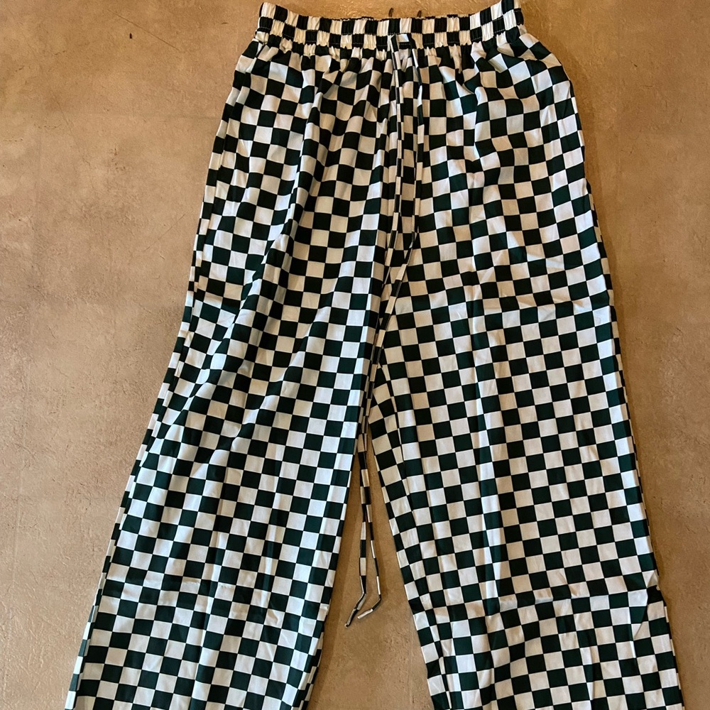 SHEIN green and white checkered pants.